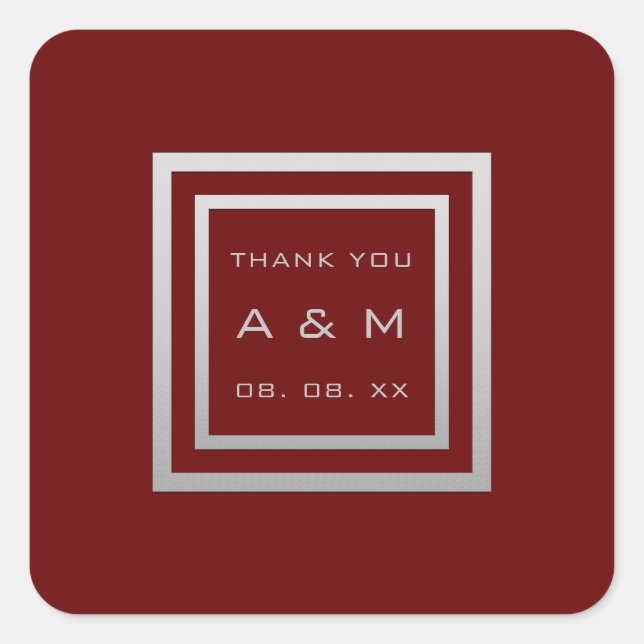 Pegatina Cuadrada Monograma Gracias Marco gris Boda Plata Marrón (Anverso)