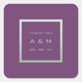 Pegatina Cuadrada Monograma Gracias Marco Gris Boda Plata Púrpura