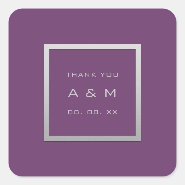 Pegatina Cuadrada Monograma Gracias Marco Gris Boda Plata Púrpura (Anverso)