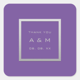 Pegatina Cuadrada Monograma Gracias Marco Gris Boda Plata Púrpura