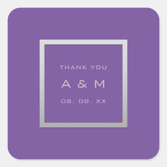 Pegatina Cuadrada Monograma Gracias Marco Gris Boda Plata Púrpura (Anverso)