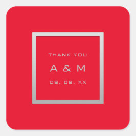 Pegatina Cuadrada Monograma Gracias Marco gris Boda Plata Rojo gris