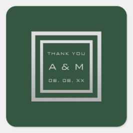 Pegatina Cuadrada Monograma Gracias Marco Gris Boda Plata Woodland