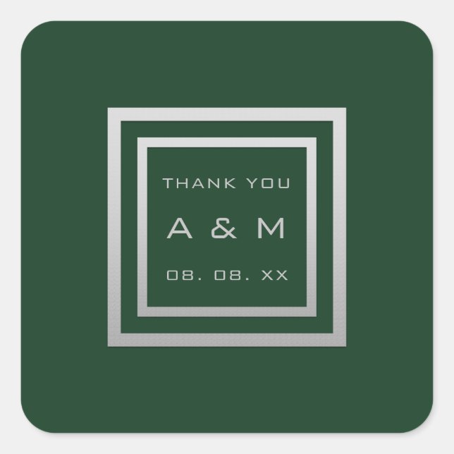Pegatina Cuadrada Monograma Gracias Marco Gris Boda Plata Woodland (Anverso)