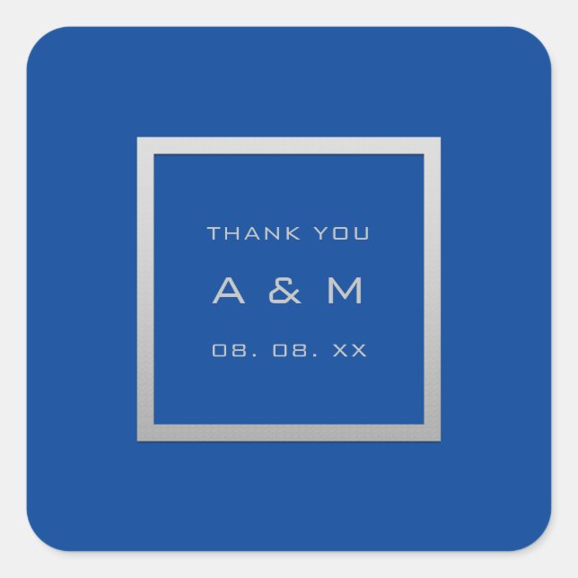 Pegatina Cuadrada Monograma Gracias Marco gris Boda plateado Azul (Anverso)