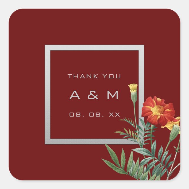Pegatina Cuadrada Monograma Gracias Marco Gris Marrón Floral Plata (Anverso)