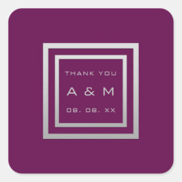 Pegatina Cuadrada Monograma Gracias Marco gris Plata Boda Marsala