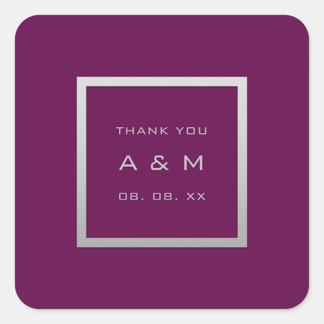 Pegatina Cuadrada Monograma Gracias Marco gris Plata Boda Marsala (Anverso)