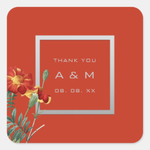 Pegatina Cuadrada Monograma Gracias Marco Gris Plata Coral Floral