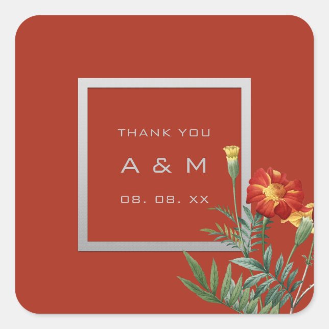 Pegatina Cuadrada Monograma Gracias Marco Gris Plata Coral Floral (Anverso)