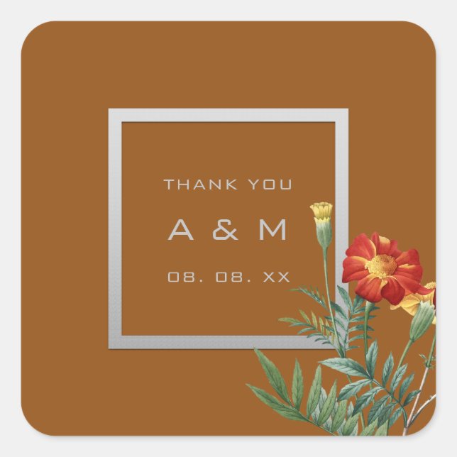 Pegatina Cuadrada Monograma Gracias Marco Gris Plata Floral Marrón (Anverso)