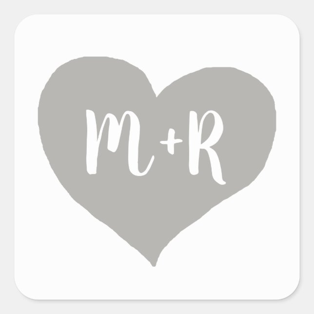 Pegatina Cuadrada monograma gris corazón de amor  (Anverso)