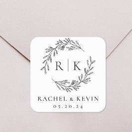 Pegatina Cuadrada Monograma inicial Boda de guirnalda elegante