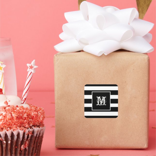 Pegatina Cuadrada Monograma Inicial Clase Chic Genial B & N Rayado (Fiesta)