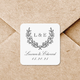 Pegatina Cuadrada Monograma Inicial de Bodas de Laurel Clásico