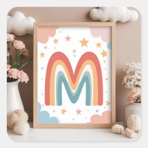 Pegatina Cuadrada ☁️ Monograma inicial M de diseño adorable con arco