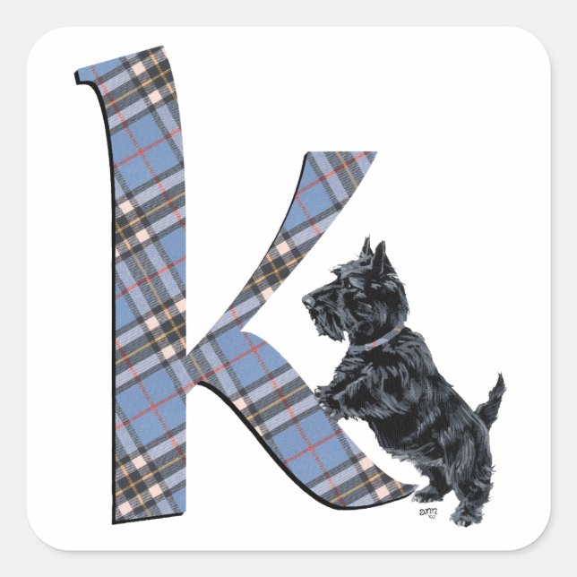 Pegatina Cuadrada Monograma K de Terrier Escocés (Anverso)