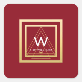 Pegatina Cuadrada Monograma marco dorado Geometría VIP mínima Rojo