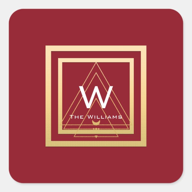 Pegatina Cuadrada Monograma marco dorado Geometría VIP mínima Rojo (Anverso)