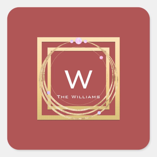 Pegatina Cuadrada Monograma Marco Dorado Minimalismo Geometría Rosa (Anverso)