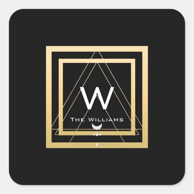 Pegatina Cuadrada Monograma Marco dorado Minimalismo Geométrico Negr (Anverso)