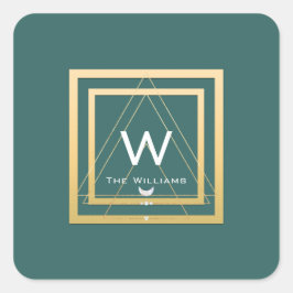 Pegatina Cuadrada Monograma Marco dorado Minimalismo Geométrico Verd