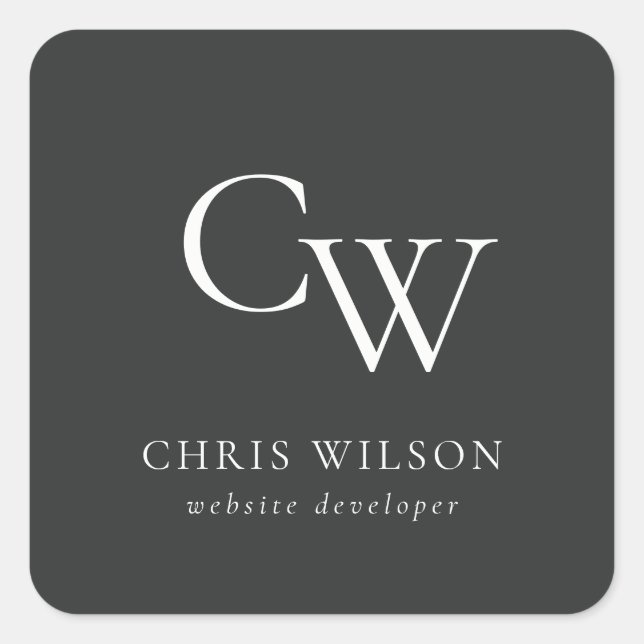 Pegatina Cuadrada Monograma mínimo simple blanco y negro inicial (Anverso)