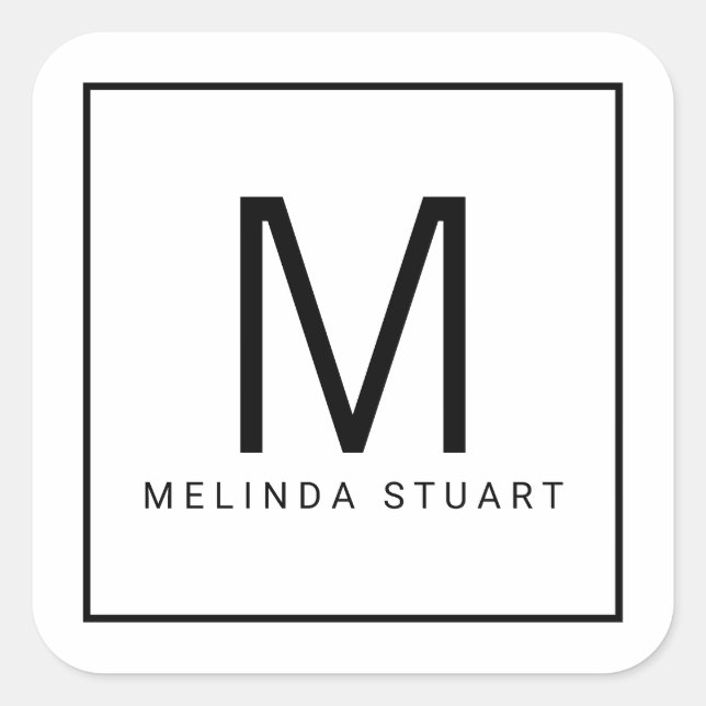 Pegatina Cuadrada Monograma moderno negro y blanco (Anverso)