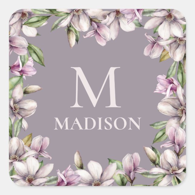 Pegatina Cuadrada Monograma Monogramado Magnolia Floral Personalizad (Anverso)