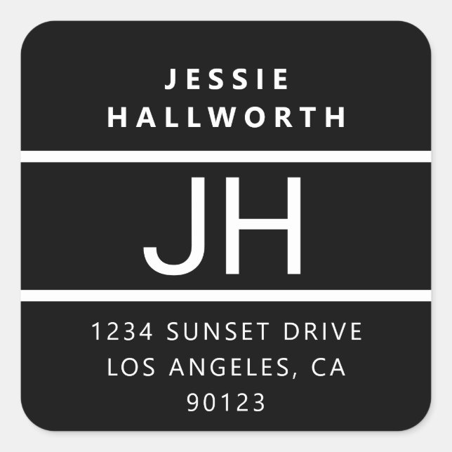 Pegatina Cuadrada Monograma negrita negro y blanco moderno (Anverso)