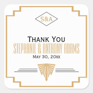 Pegatina Cuadrada Monograma negro, oro y Boda Art Deco blanco