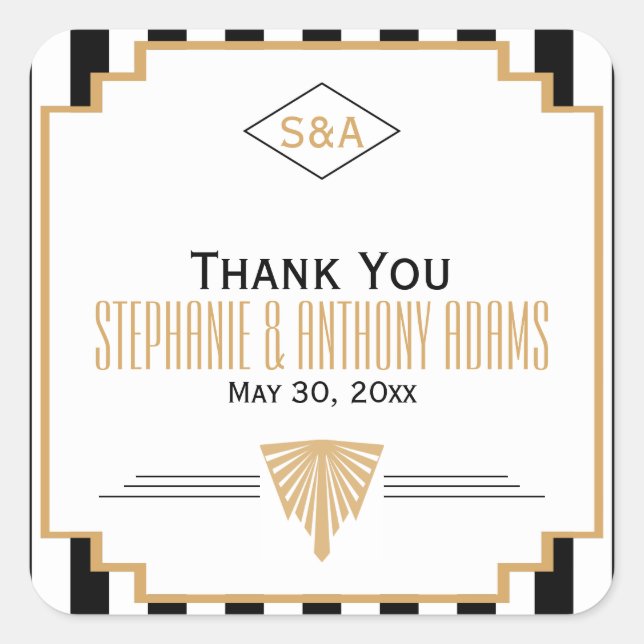 Pegatina Cuadrada Monograma negro, oro y Boda Art Deco blanco (Anverso)