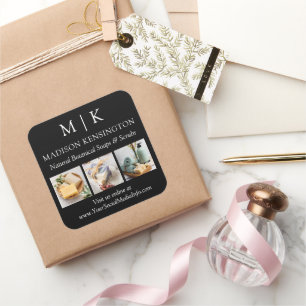 Pegatina Cuadrada Monograma o Añadir logotipo comercial 3 fotos negr