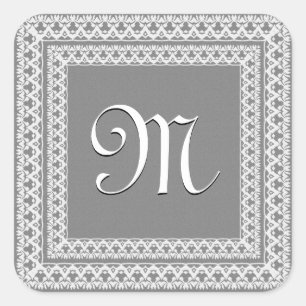 Pegatina Cuadrada Monograma ornato de gris y blanco plateado
