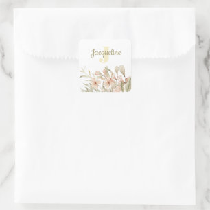 Pegatina Cuadrada Monograma pastel bebé rosa cielo diseño de flor de