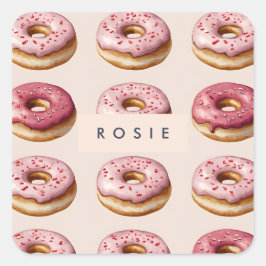 Pegatina Cuadrada Monograma Patrón de donut rosado personalizado