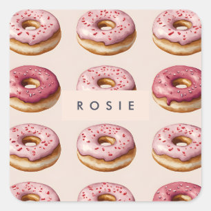 Pegatina Cuadrada Monograma Patrón de donut rosado personalizado