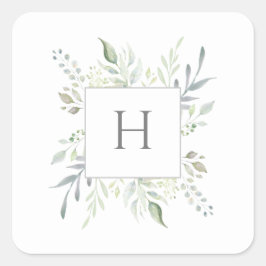 Pegatina Cuadrada Monograma personalizado acuarela botánica inicial