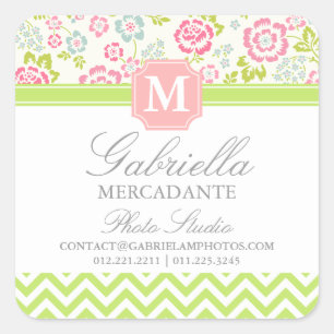 Pegatina Cuadrada Monograma personalizado Chevron floral de la