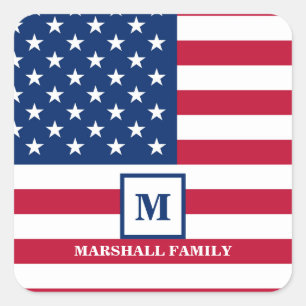 Pegatina Cuadrada Monograma Personalizado De Bandera Estadounidense