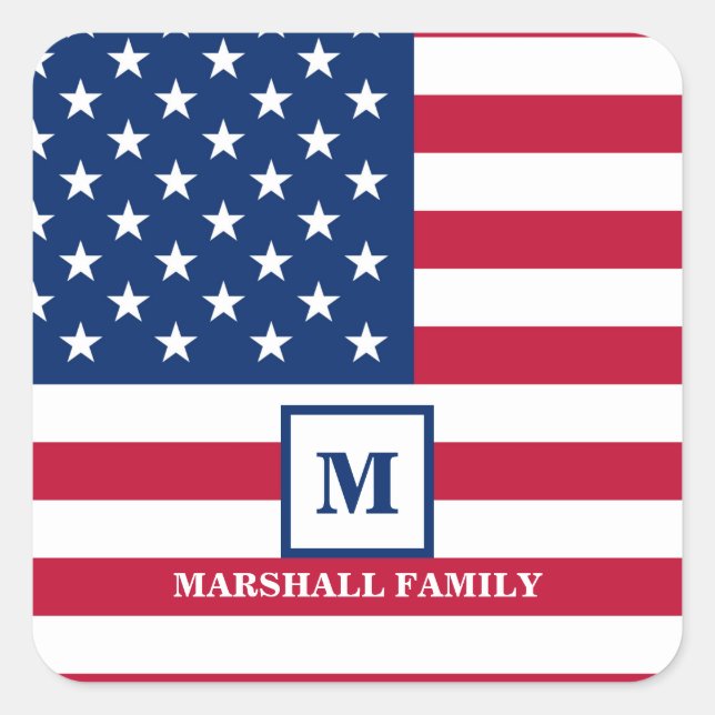 Pegatina Cuadrada Monograma Personalizado De Bandera Estadounidense  (Anverso)