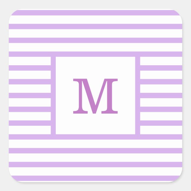 Pegatina Cuadrada Monograma Personalizado de franjas moradas y blanc (Anverso)