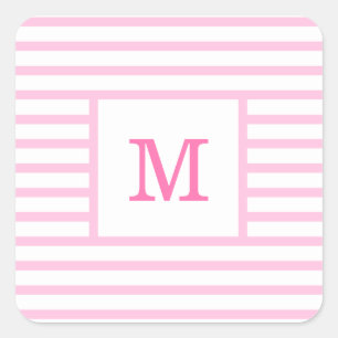 Pegatina Cuadrada Monograma Personalizado de tiras rosadas y blancas
