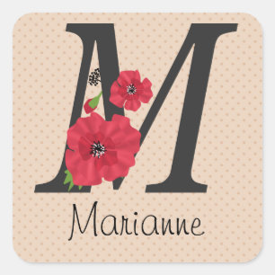 Pegatina Cuadrada Monograma personalizado editable M texto flor roja