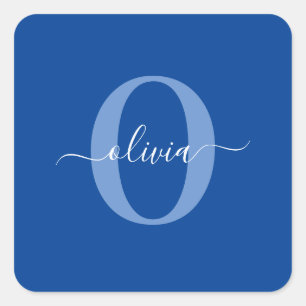 Pegatina Cuadrada Monograma personalizado Nombre de guión Azul Blanc