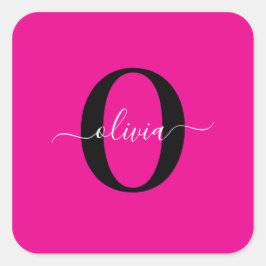 Pegatina Cuadrada Monograma personalizado Nombre de guión Blanco neg