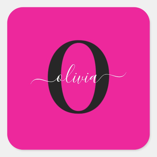 Pegatina Cuadrada Monograma personalizado Nombre de guión Blanco neg (Anverso)