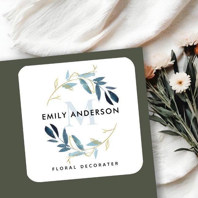 PEGATINA CUADRADA MONOGRAMA PROFESIONAL DE GULD BLUE FOLIAGE WREATH (Subido por el creador)