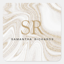 Pegatina Cuadrada Monograma purpurina de oro de mármol blanco de mod