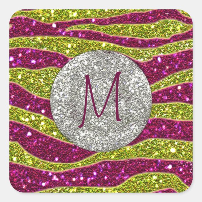 Pegatina Cuadrada Monograma Purpurina Rayas de cebra rosa amarillo (Anverso)
